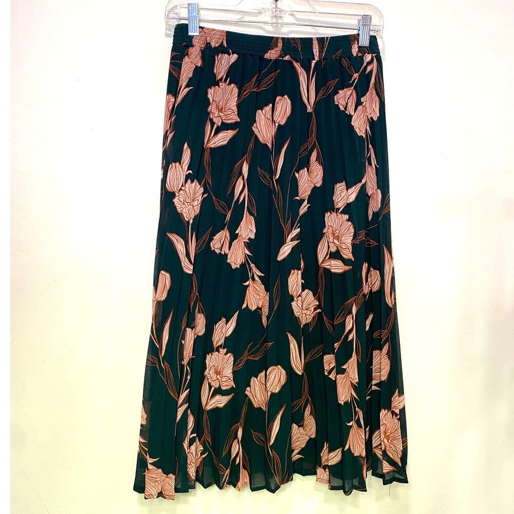 A New Day Dark Olive Green Maxi Skirt Pleated Flower Print All Over  Small